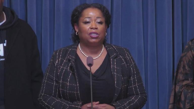 State Rep. Sonya Harper (D-Chicago) speaks at a news conference on Tuesday, Jan. 28, 2025. (WTTW News)