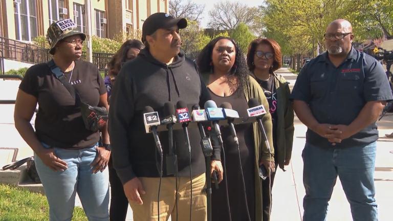 South Shore residents protested outside the old South Shore High School on May 4, 2023. (WTTW News)