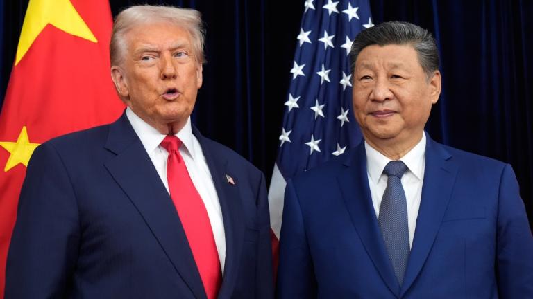 President Donald Trump, left, and Chinese President Xi Jinping pose together ahead of their summit talk at Gimhae International Airport in Busan, South Korea, Thursday, Oct. 30, 2025. (AP Photo / Mark Schiefelbein)
