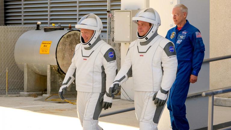 NASA astronauts Douglas Hurley, left, and Robert Behnken, during a launch rehearsal. (NASA HQ Photo / Flickr)