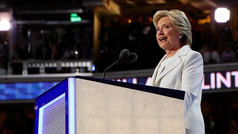 Hillary Clinton addresses the Democratic National Convention. (Evan Garcia / Chicago Tonight)