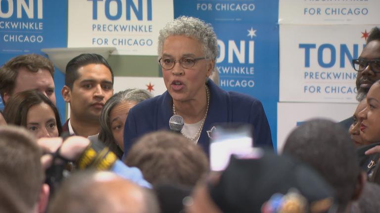 Chicago mayoral candidate Toni Preckwinkle addresses supporters from her campaign headquarters on Tuesday, Feb. 26, 2019.