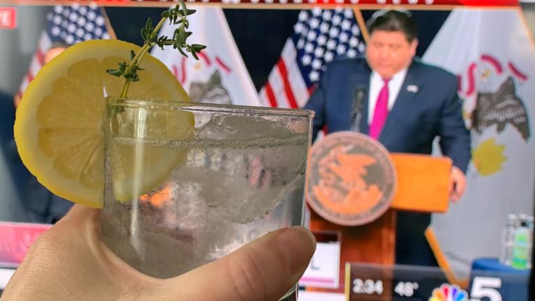 Kimberly Adami-Hasegawa raises a spritzer a day while watching Gov. J.B. Pritzker’s press briefings. (Courtesy Kimberly Adami-Hasegawa)