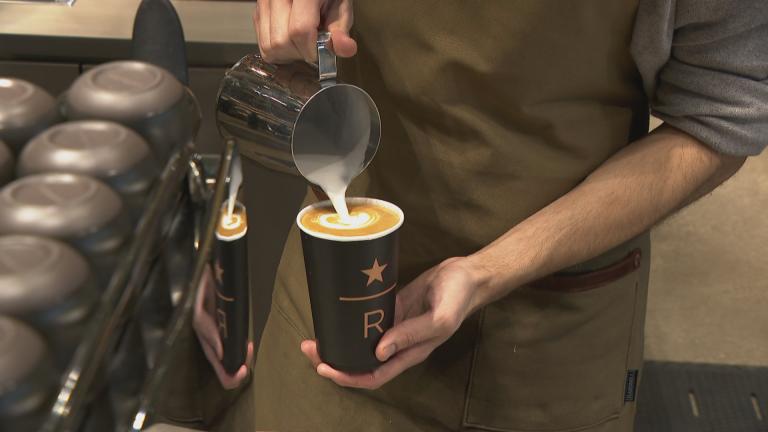 A barista prepares a coffee at a media preview of the new Starbucks Reserve Roastery on Tuesday, Nov. 12, 2019. (WTTW News)