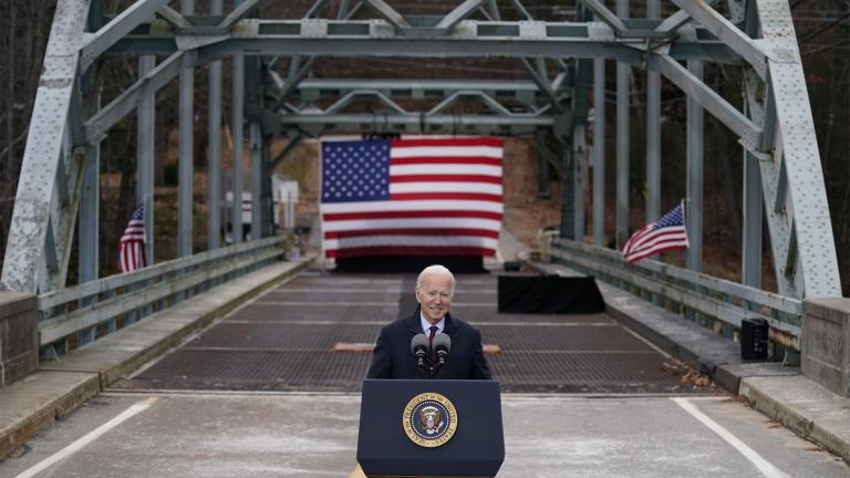 President Joe Biden speaks during a visit to the NH 175 bridge over the Pemigewasset River to promote infrastructure spending Nov. 16, 2021, in Woodstock, N.H.  (AP Photo / Evan Vucci, File)