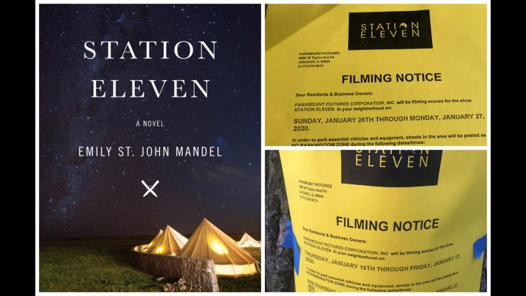 The cover of Emily St. John Mandel’s book “Station Eleven,” left, and filming notices shared on Twitter, right, for the TV adaptation in Chicago.