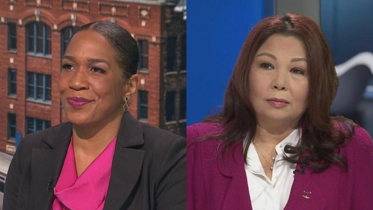 Lt. Gov. Juliana Stratton (left) and U.S. Sen. Tammy Duckworth (right) in separate appearances on “Chicago Tonight.” (WTTW News)