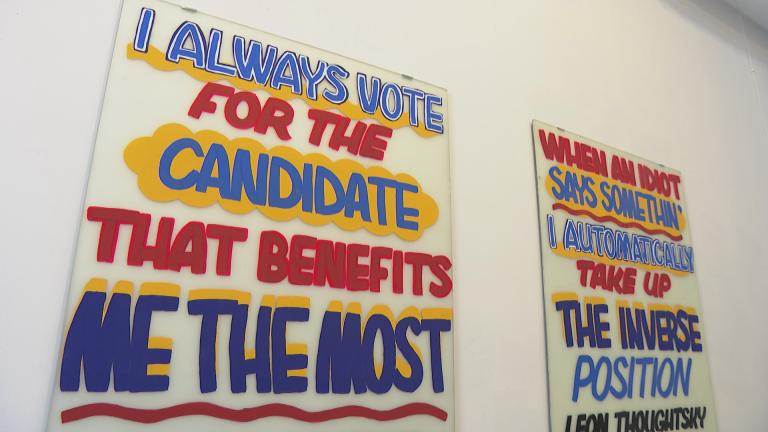 Street artist Leon Thoughtsky takes sardonic quips and mixes them with the painted signs often seen advertising grocery store produce. (WTTW News) 