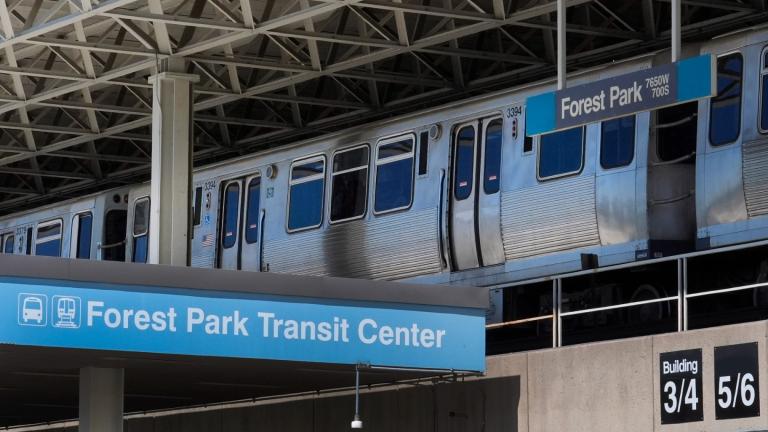 A CTA Blue Line train waits at the Forest Park, Ill., train station for the eastern journey to downtown Chicago on Tuesday, Sept. 3, 2024, in Forest Park, Ill. (Charles Rex Arbogast / AP Photo)