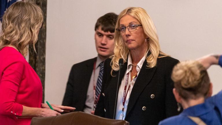 State Sen. Sue Rezin, R-Morris, watches on May 19, 2023, as the Senate votes on her bill lifting the state’s moratorium on nuclear plant construction. (Capitol News Illinois photo by Andrew Adams)