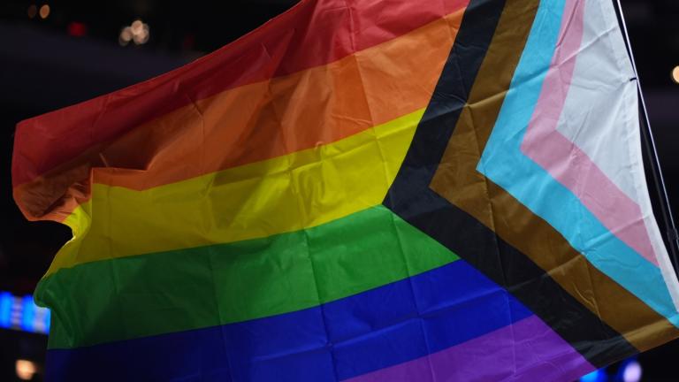 FILE - A pride flag is waved during an NBA basketball game in Philadelphia on Sunday, March 30, 2025. (AP Photo / Matt Slocum, File)