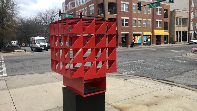 “Cherry” by artist Sung-Hee Min is on display at 1701 W. North Ave. (Ariel Parrella-Aureli / WTTW News)