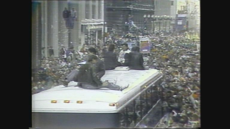 Chicago Bears fans gather on Jan. 27, 1986, to celebrate the team's Super Bowl win. (WTTW)