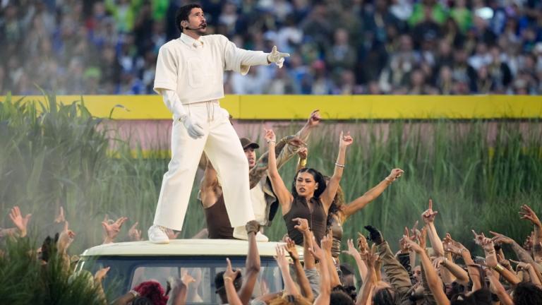 Bad Bunny performs during halftime of the NFL Super Bowl 60 football game between the New England Patriots and the Seattle Seahawks, Sunday, Feb. 8, 2026, in Santa Clara, Calif. (AP Photo / Julio Cortez)