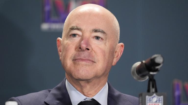 Homeland Security Secretary Alejandro Mayorkas listens during a news conference about security for NFL’s Super Bowl 58 football game, in Las Vegas, Wednesday, Feb. 7, 2024. (Alex Brandon / AP Photo)