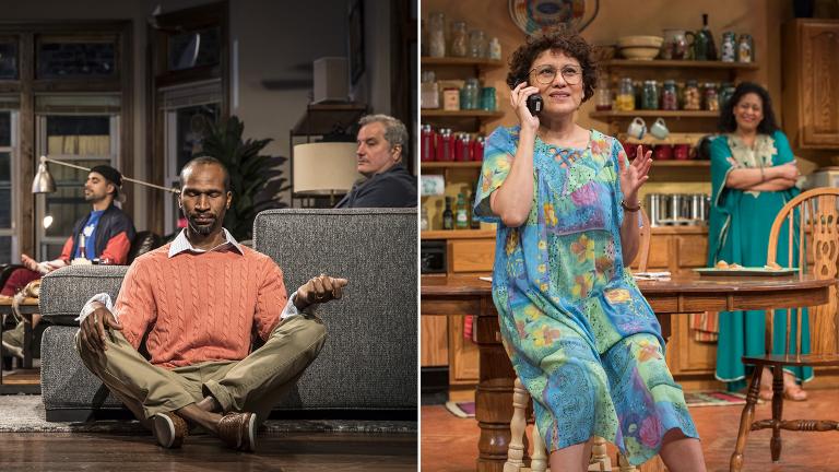 Scenes from “Support Group for Men,” left, and “The Roommate.” (Photo credit: Liz Lauren, left, and Michael Brosilow)