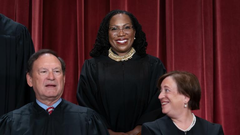 Associate Justice Ketanji Brown Jackson stands between Associate Justice Samuel Alito, left, and Associate Justice Elena Kagan, right, as she and members of the Supreme Court pose for a new group portrait following her addition, at the Supreme Court building in Washington, Friday, Oct. 7, 2022. (AP Photo / J. Scott Applewhite)