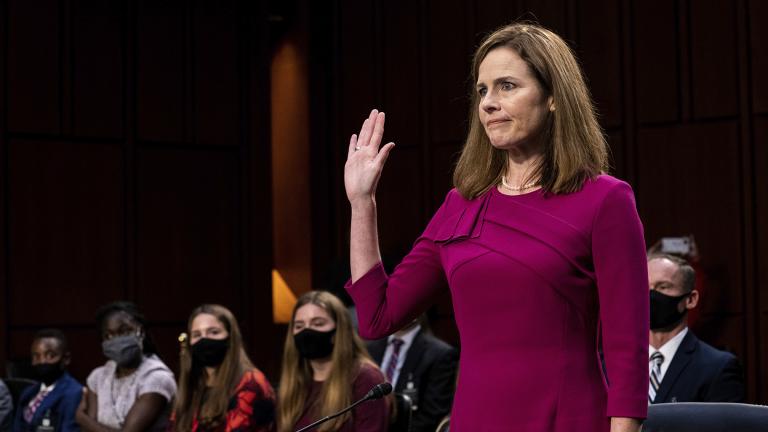 Supreme Court nominee Amy Coney Barrett is sworn in during her Senate Judiciary Committee confirmation hearing on Capitol Hill in Washington, Monday, Oct. 12, 2020. (Erin Schaff / The New York Times via AP, Pool)