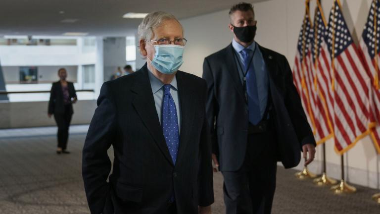 Senate Majority Leader Mitch McConnell, R-Ky., arrives for a closed-door meeting with Senate Republicans, on Capitol Hill in Washington, Friday, Oct. 23, 2020. (AP Photo / J. Scott Applewhite)