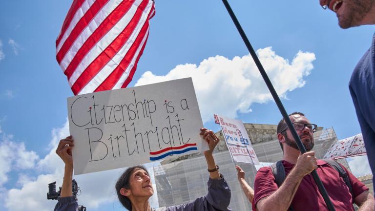 anjam Jacobson, of Silver Spring, Md., holds a sign saying "Citizenship is a Birthright," Thursday, May 15, 2025, outside the Supreme Court in Washington. Jacobson is a naturalized U.S. citizen who was born in England of Indian descent, and her son was born here. "This is something that really matters," says Jacobson, "it's so wrong against the constitution [to take away birthright citizenship]." (AP Photo / Jacquelyn Martin)