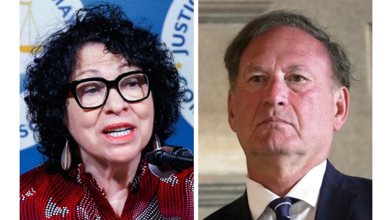This combination photo shows Justice Sonia Sotomayor, Sept 16, 2024, in New York, left, and Justice Samuel Alito in Rome, Sept. 20, 2025. (AP Photo)