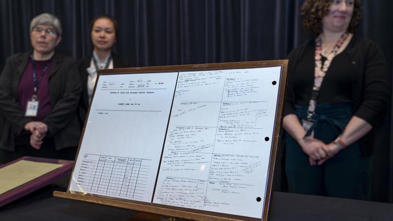 Papers of the late Supreme Court Justice John Paul Stevens are displayed, including his notes during Bush v. Gore, that will be made available to researchers at the Library of Congress, in Washington, Monday, May 1, 2023. (AP Photo / J. Scott Applewhite)