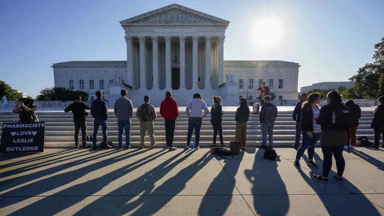 Anti-abortion activists with “Bound 4 Life” demonstrate at the Supreme Court in Washington, Monday, Oct. 5, 2020, as the justices begin a new term without the late Justice Ruth Bader Ginsburg. (AP Photo / J. Scott Applewhite)