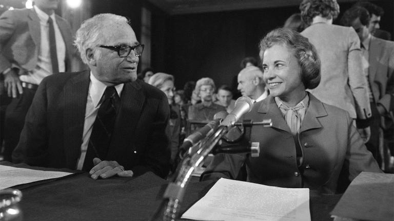 Sen. Barry Goldwaterm, R-Ariz., and Supreme Court nominee Judge Sandra Day O'Connor chat prior to the start of her confirmation hearings before the Senate Judiciary Committee, Sept. 9, 1981 on Capitol Hill in Washington.(AP Photo)