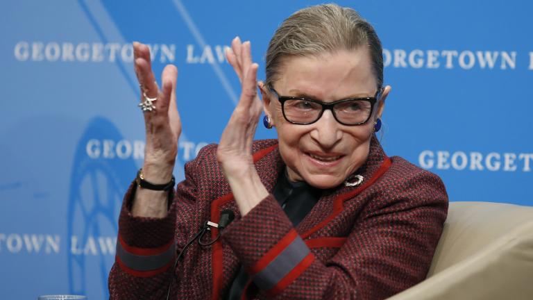 In this April 6, 2018, file photo, Supreme Court Justice Ruth Bader Ginsburg applauds after a performance in her honor after she spoke about her life and work during a discussion at Georgetown Law School in Washington. (AP Photo / Alex Brandon, File)