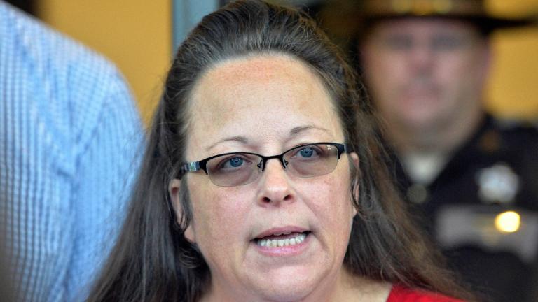 Rowan County Clerk Kim Davis makes a statement to the media at the front door of the Rowan County Judicial Center in Morehead, Ky. Sept. 14, 2015. (AP Photo / Timothy D. Easley, File)