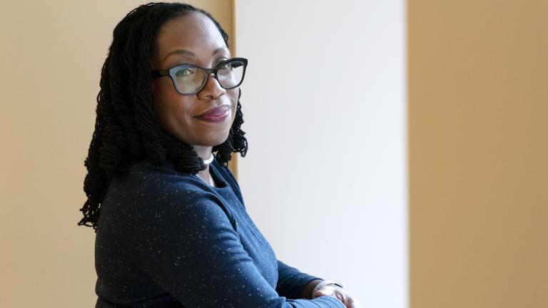 Judge Ketanji Brown Jackson, a U.S. Circuit Judge on the U.S. Court of Appeals for the District of Columbia Circuit, poses for a portrait, Friday, Feb., 18, 2022, in her office at the court in Washington. (AP Photo/Jacquelyn Martin)