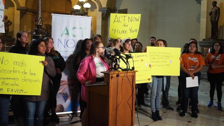 Susan Stanton, executive director of the advocacy group ACT Now, on May 7, 2024, leads a rally calling on state lawmakers to provide funding to prevent after-school programs that serve an estimated 40,000 students statewide from being forced to close this summer. (Peter Hancock / Capitol News Illinois)