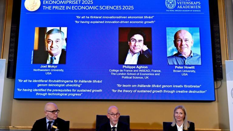Professor John Hassler, from left, Hans Ellegren, Permanent Secretary of the Academy of Sciences and Professor Kerstin Enflo, announce Joel Mokyr, Philippe Aghion and Peter Howitt as the recipients of the Nobel Memorial Prize in Economics during a press conference at the Royal Swedish Academy of Sciences in Stockholm, Sweden, Monday, Oct. 13, 2025. (Anders Wiklund / TT News Agency via AP)