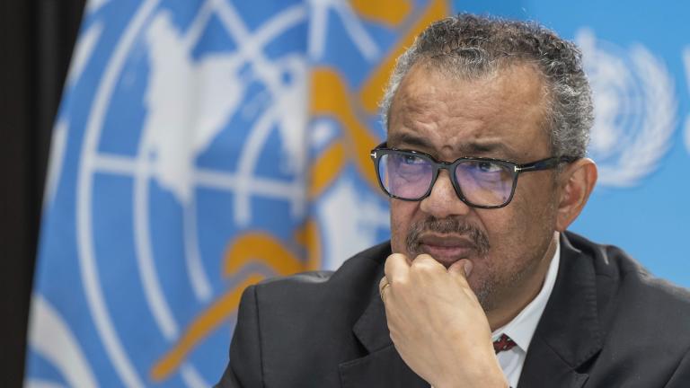 Tedros Adhanom Ghebreyesus, Director General of the World Health Organization, speaks to journalists during a press conference about the Global WHO on World Health Day and the 75th anniversary at the World Health Organization headquarters in Geneva, Switzerland, Thursday April 6, 2023. (Martial Trezzini / Keystone via AP)