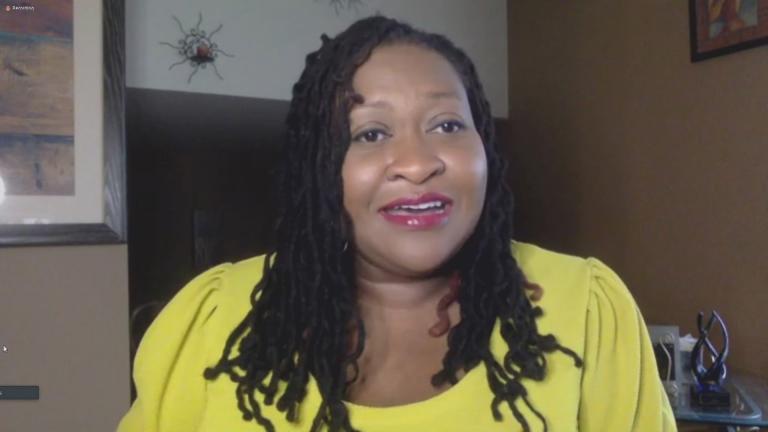 Sylvia L. Jones speaks with WTTW News via Zoom.