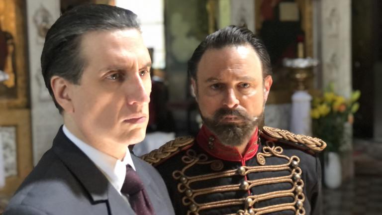 Hershey Felder, left, and J. Anthony Crane in “Nicholas, Anna & Sergei.” (Courtesy of Hershey Felder Presents)