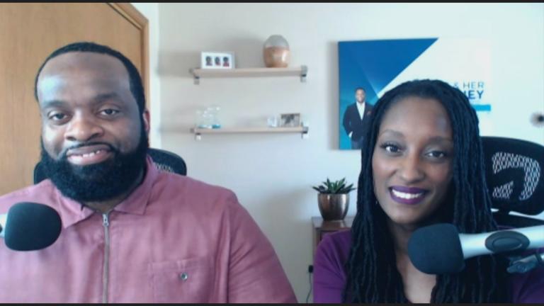 Talaat and Tai McNeely, hosts of the podcast “The His and Her Money Show,” appear via Zoom on “Chicago Tonight.” (WTTW News)
