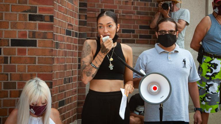 Tanya Lopez, activist and founder of Healthy Hood Chicago, speaks outside the Pilsen post office on Saturday, Aug. 22, 2020. (Grace Del Vecchio / WTTW News)