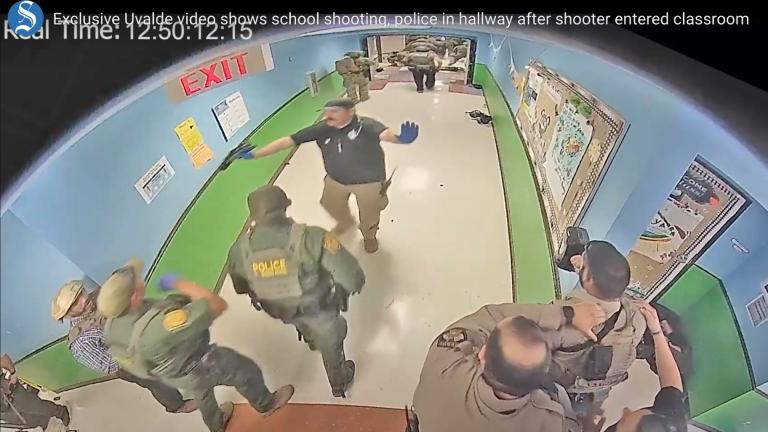 In this photo from surveillance video provided by the Uvalde Consolidated Independent School District via the Austin American-Statesman, authorities respond to the shooting at Robb Elementary School in Uvalde, Texas, on May 24, 2022. (Uvalde Consolidated Independent School District/Austin American-Statesman via AP, File)