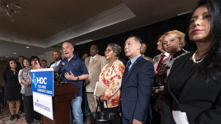 Democratic Texas State Rep. Chris Turner, left, from Grand Prairie, speaks during a news conference with other Texas Democrats, Wednesday, July 14, 2021, in Washington. (AP Photo / Manuel Balce Ceneta)
