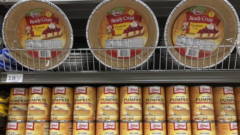 Canned pumpkin and graham cracker shell crusts are displayed at a Publix Supermarket, Tuesday, Nov. 16, 2021 in North Miami, Fla. (AP Photo/Marta Lavandier, File)