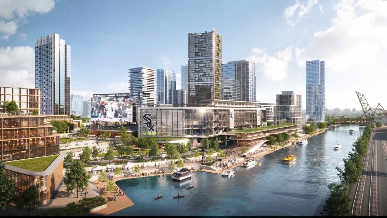 A rendering of a proposed new White Sox stadium and surrounding development, including housing, at The 78 site. (Credit: Related Midwest)