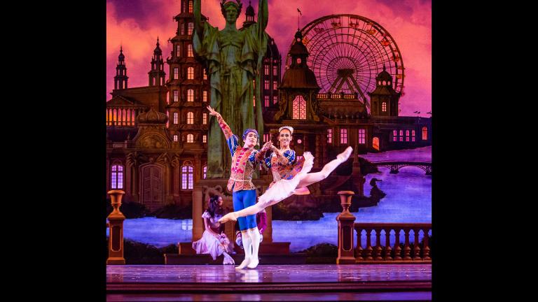 Yoshihisa Arai and Amanda Assucena of the Joffrey Ballet perform Christopher Wheeldon’s Chicago-themed reinvention of “The Nutcracker.” (Photo by Cheryl Mann)