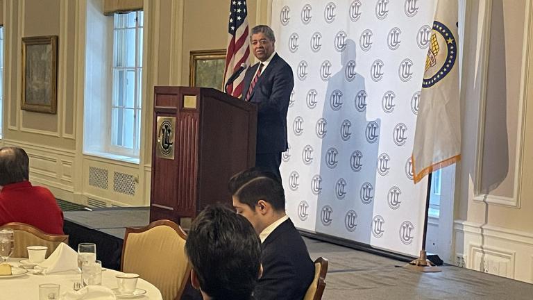 Cook County Chief Judge Tim Evans addresses the Union League Club of Chicago on Thursday, Jan. 27, 2022. (Heather Cherone / WTTW News)