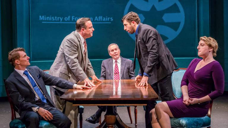 From left: Scott Parkinson, Stef Tovar, David Parkes, Jed Feder and Bri Sudia in TimeLine Theatre Company’s “Oslo.” (Photo by Brett Beiner Photography)