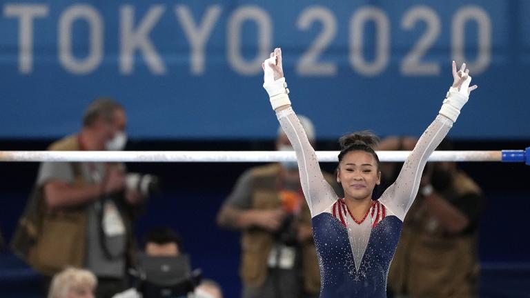 Sunisa Lee, of the United States, finishes on the uneven bars during the artistic gymnastics women’s all-around final at the 2020 Summer Olympics, Thursday, July 29, 2021, in Tokyo. (AP Photo / Ashley Landis)