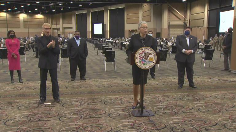 Cook County Board President Toni Preckwinkle speaks Monday, Jan. 25, 2021 at the Tinley Park Convention Center, which will serve as a mass vaccination site for the COVID-19 vaccine. (WTTW News)