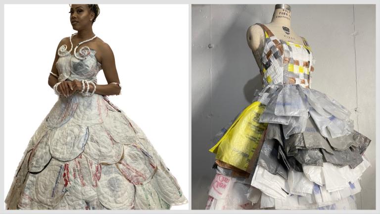 Trashion Revolution will feature designs made from plastic pollution, like the two pictured above. "I am just blown away by the designs," said Jordan Parker. Photos provided by the designers. (Alan Emerson Hicks, left / Jess Crane, right)