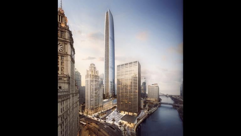 A rendering of the proposed skyscraper on the Tribune Tower site. If built, the building would be the second tallest in Chicago. (Golub & Co. / CIM)
