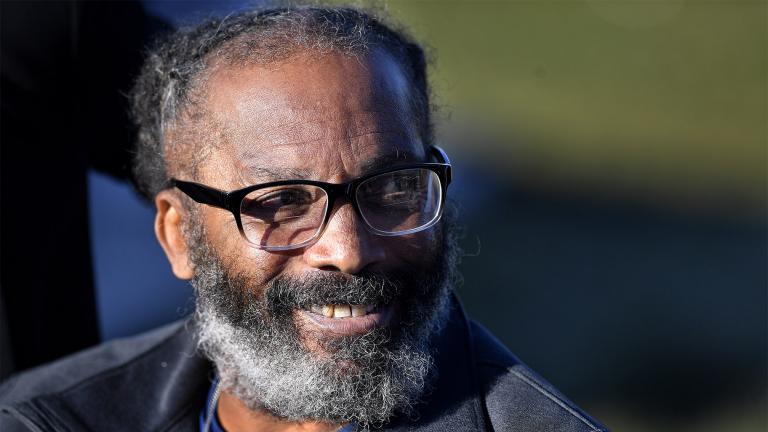 Kevin Strickland, 62, managed a smile while talking to the media after his release from prison, Tuesday, Nov. 23, 2021, in Cameron, Mo. (Rich Sugg / The Kansas City Star via AP) 
